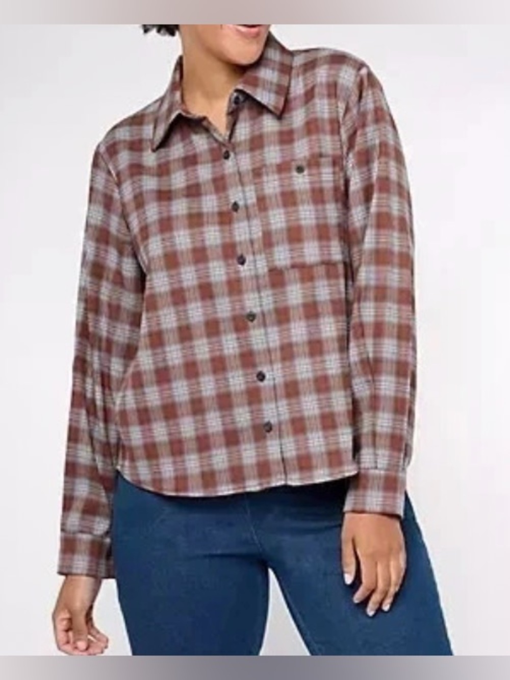New QVC the Attitudes by Renee Cozy Plaid Short Shirt Jacket / Brown / Medium